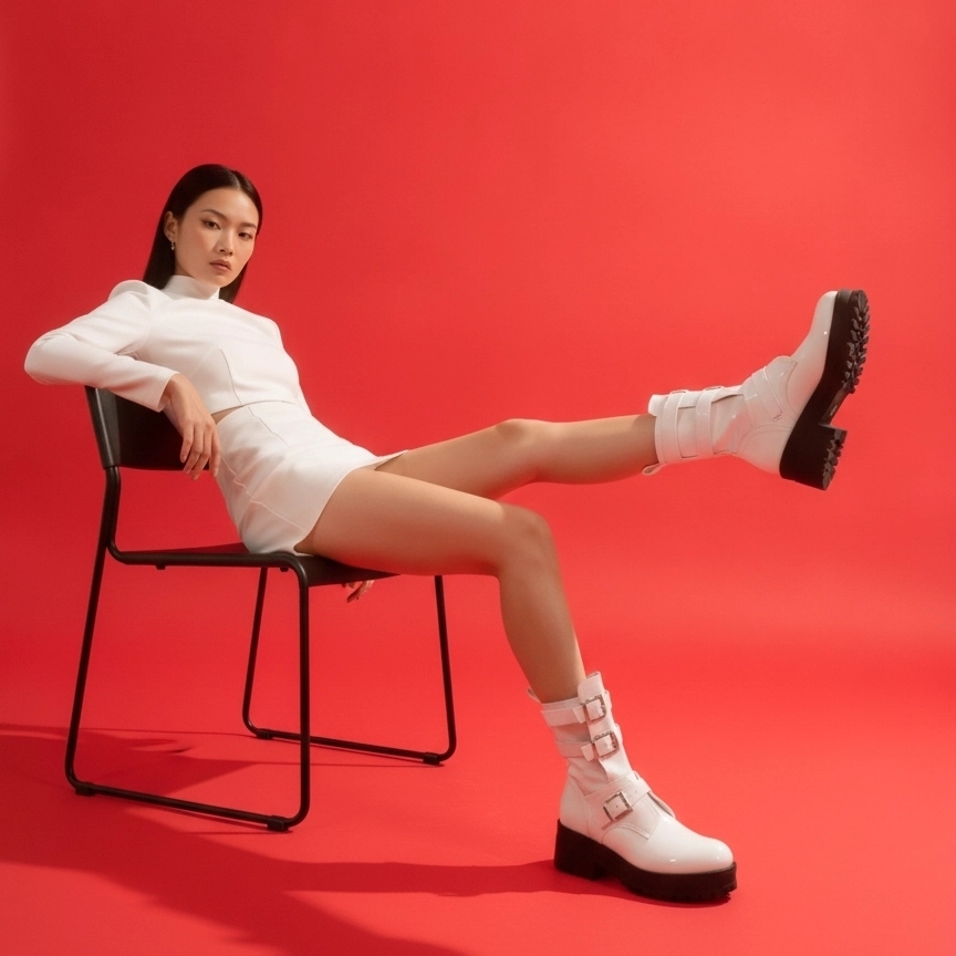 Women's White Triple-Buckle Combat Boots